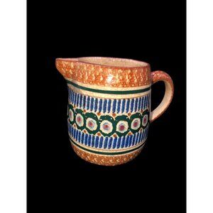 Antique German Pottery Spongeware Pitcher 6" T Shabby Jug Stoneware Hand-painted